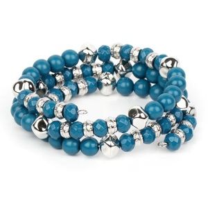 Teal Beaded Coil Bracelet with Silver Accents